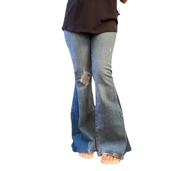 Reworked Distressed Wide Leg Flare Jeans - Picture 2 of 4